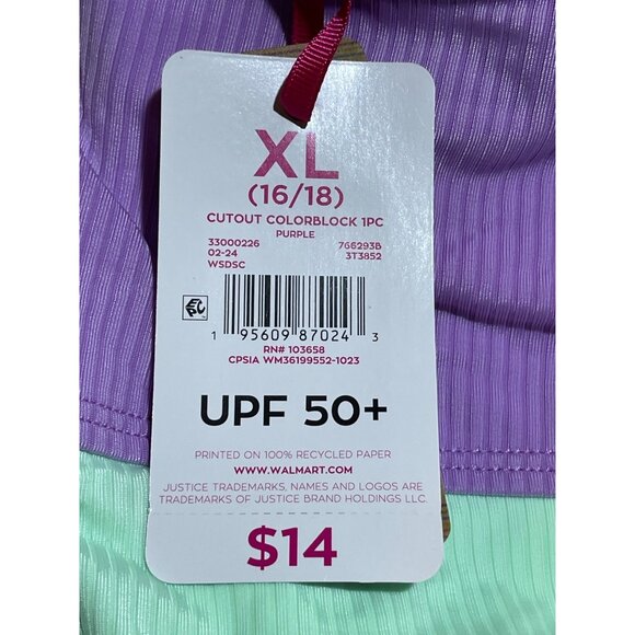 Justice Girls Size XL 16/18 cutout color block One-Piece Swimsuit Ribbed - Picture 8 of 11